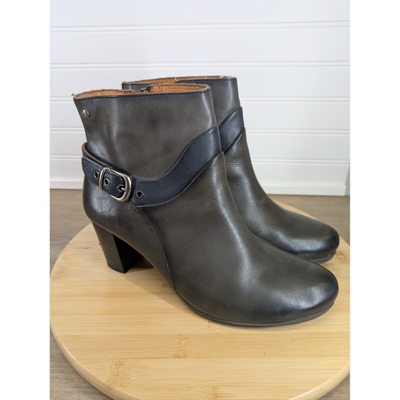 Pikolinos Ankle Boots Womens Size 39 Black Leather Buckle‎ Strap Block Heel Zip - Picture 1 of 14